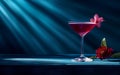 Red cocktail in martini glass with garnish on dark bar background,closeup,copy space,lifestyle Royalty Free Stock Photo