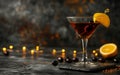 Red cocktail in martini glass with garnish on dark bar background,closeup,copy space,lifestyle Royalty Free Stock Photo