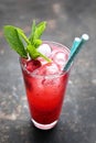 Red cocktail, rasberry mojito, long drink with ice cubes and rasberries, on a black stone background, selective focus. Royalty Free Stock Photo