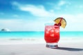red cocktail on the white sand of a paradisiacal beach with the sea in the background. Copy space. Ai generative