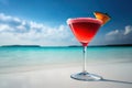 red cocktail on the white sand of a paradisiacal beach with the sea in the background. Copy space. Ai generative