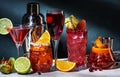 Red cocktails set: kir royale, negroni, boulevardier, cosmopolitan, sea breeze with fruits, berries and citrus. Bar tools. Dark Royalty Free Stock Photo