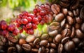 Red Coffee beans on branch tree and roasted coffee bean texture background Royalty Free Stock Photo