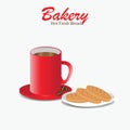 Red coffee cup with bakery bread.