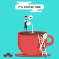 A red coffee cup with barista and coffee beans. It's coffee time. Coffee Break. Wallpaper design. Royalty Free Stock Photo