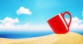 Red coffee cup on beach sand over blurry blue sky with clouds an Royalty Free Stock Photo
