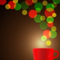 red coffee cup with colorful bokeh background. vector illustration.