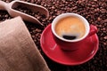 Red coffee cup with espresso and roasted beans Royalty Free Stock Photo