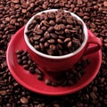 Red coffee cup filled pile heap with roasted beans closeup Royalty Free Stock Photo