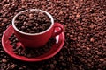 Red coffee cup filled with roasted beans in the background Royalty Free Stock Photo