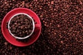 Red coffee cup filled with roasted beans copy space background Royalty Free Stock Photo