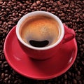 Red coffee cup with hot dark espresso and roasted beans Royalty Free Stock Photo