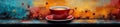 Red Coffee Cup with Latte Art on Abstract Colorful Background