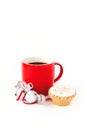 Red Coffee Mug with Jingle Bells and Mince Pie on White Royalty Free Stock Photo