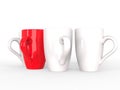 Red coffee mug stands out of a row of white mugs