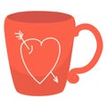 Red coffee mug with white heart arrow doodle. Love themed beverage container. Valentine s Day drinkware vector