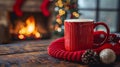 Red Coffee Mug on Wooden Table Royalty Free Stock Photo