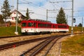 Red cogwheel train on Rigi Mountain, Swiss Alps Royalty Free Stock Photo