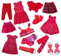 Red collection of child girl's clothes isolated on wgite.Collage Royalty Free Stock Photo