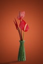 Red color anthurium flower in green ceramic vase on orange color background Royalty Free Stock Photo