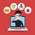 Red color background laptop with espionage with hacker