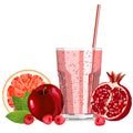 Red color blended smoothie in a glass with ingredients vector illustration
