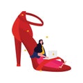 red color highheel lady shoes accessory fashion glamour elegance feminine style and beautiful girl sitting with laptop