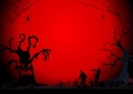 Red color illustration for Halloween with creepy tree, zombies and spiders with web