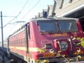 Red color Linke Hofmann Busch LHB High speed Coach passenger coach of Indian Railways. The coaches were imported from Germany