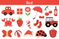 Red color objects set. Learning colors for kids. Cute elements collection