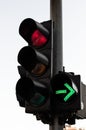 Red color and right Green arrow on the traffic light