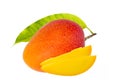 Red color of ripe mango with sliced piece and leaf isolated