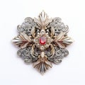Tsar-inspired Baroque Brooch With Red Stone On White Background