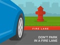 Red colored curb meaning. Perspective close-up view of vehicle front tires and fire hydrant. Don`t park in a fire lane. No parkin