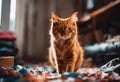 Red-colored domestic cat walking across the disorganized floor of a living room, AI-generated.