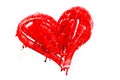 Red colored heart manually painted with drips and dry paint imperfections