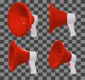 Red colored megaphone speaker, view from different angles, isolated on white background. Vector 3d realistic illustration