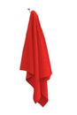 Red colored towel hanging on a metal double handle on a white background