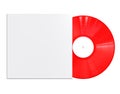 Red Colored Vinyl Disc. Vintage LP Vinyl Record with White Cover Sleeve and White Label Isolated on White Background. Royalty Free Stock Photo