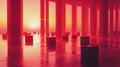 Red Columns and Cubes at Sunset Landscape