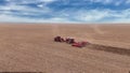 Red combine harvest wheat in the field. Top view.