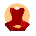 Red comfortable cartoon armchair with gold pillow with tassels and lace napkin on the back of the chair. Red vintage