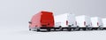 Red commercial van and fleet of white trucks. Transport. Transport and shipping