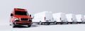 Red commercial van and fleet of white trucks. Transport. Transport and shipping