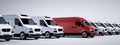 Red commercial van and fleet of white trucks. Transport. Transport and shipping