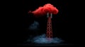 Red communication tower with smoke and vibrant cloud against a black background Royalty Free Stock Photo