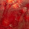 Red compote with mold in a saucepan, background with streaks and bubbles Royalty Free Stock Photo