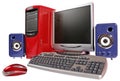 Red computer with blue acoustic systems