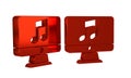 Red Computer with music note symbol on screen icon isolated on transparent background.
