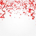 Red confetti, serpentine or ribbons falling on white transparent background vector illustration. Party, festival, fiesta